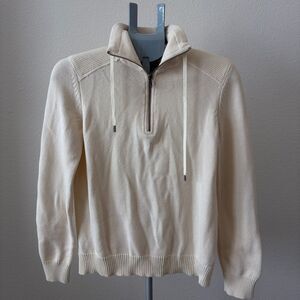 L-RL Ralph Lauren Half-Zip Sweater M Cream Cotton Drawstring Collar Textured Kni